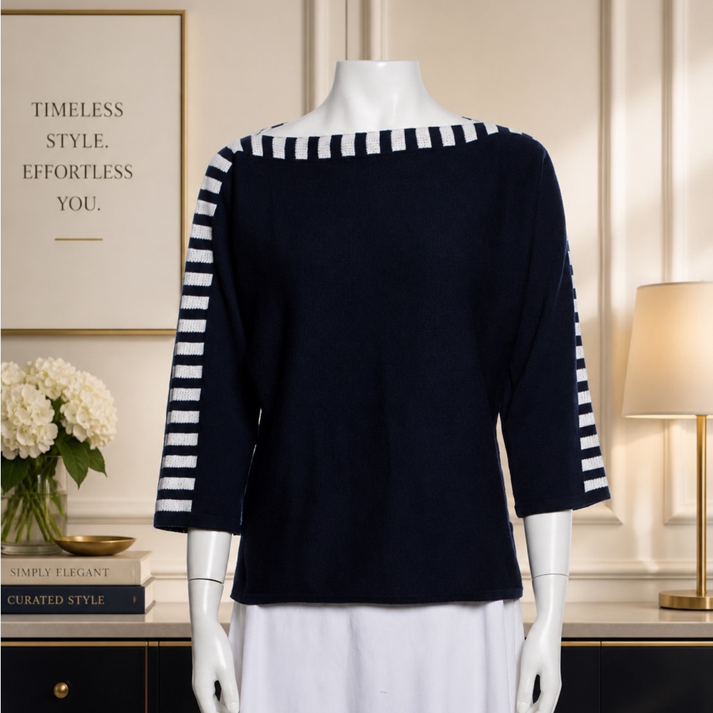 Navy Blue and White Striped Knit Sweater Size P (Small)